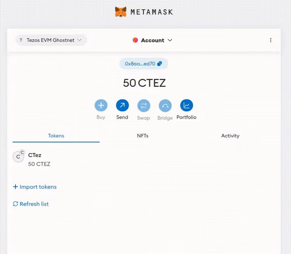 Animation demonstrating a
transfer of ctez on the Ghostnet EVM-rollup using Metamask.